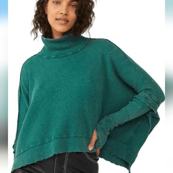 Free People -1758 Women's Moon Daisy Turtleneck Poncho Sweater Everglade Large - Picture 1 of 10